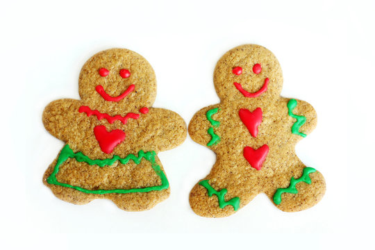 Man and Woman Christmas Gingerbread Cookies Isolated on White