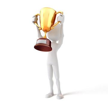 3d Man Holding A Gold Trophy Cup On White Background