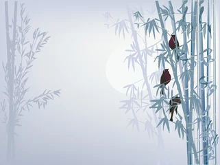 No drill light filtering roller blinds Birds in the wood birds in grey bamboo illustration