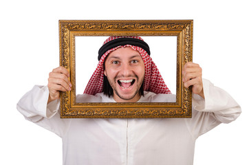 Arab with picture frame on white