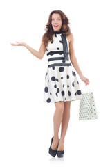 Girl after good shopping on white