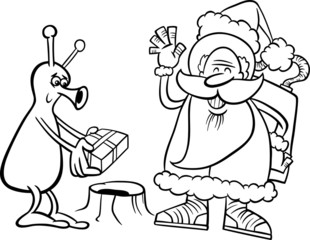 santa claus and alien coloring page