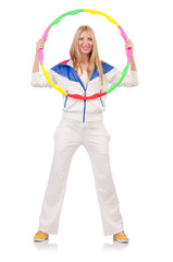 Young woman with hula hoop on white
