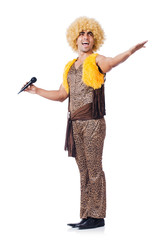 Man with afrocut and mic isolated on white