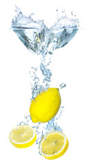 Juicy lemons and water splash. Healthy and tasty food