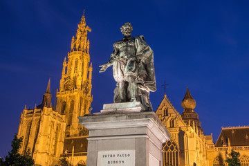 Antwerp - Statue of painter P. P. Rubens and cathedral