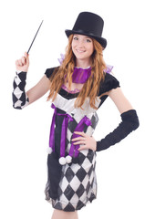 Magician woman with wand on white