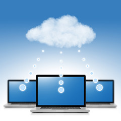 Cloud computing network concept. Notebook with cloud isolated on