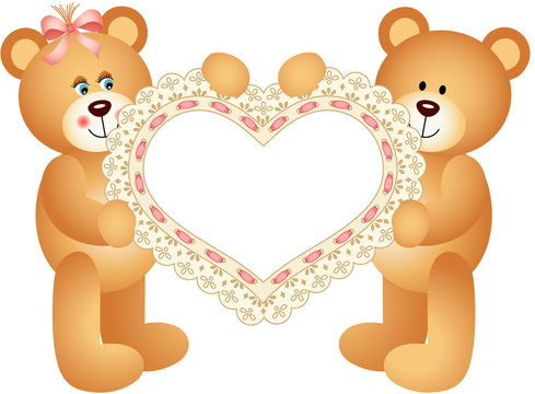 Couple Teddy Bear holding Embroidered Heart