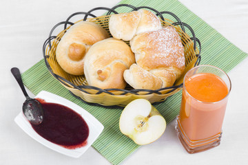 croissant, juice, bagels and jam, breakfast ingredients