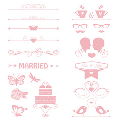 wedding invitation elements, cake, flowers, couple