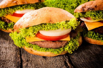 Hamburgers on table