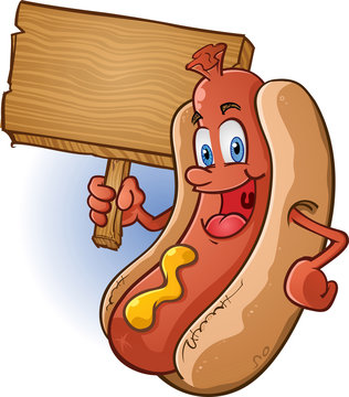 Hot Dog Cartoon Holding a Blank Wooden Sign