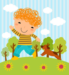 Illustration of a boy and his dog playing in the park
