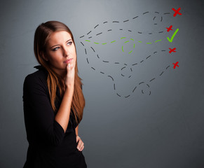 Young woman choosing between right and wrong signs