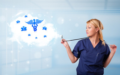 Young doctor with abstract cloud and medical icons