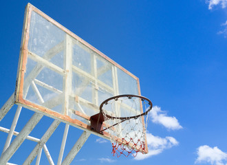 Basketball hoop and net against blue sky