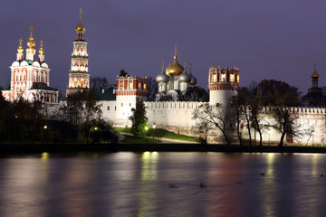 Beautiful night view of Russian orthodox churches in Novodevichy
