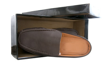 Pair of brown male shoes in front of sale box on white