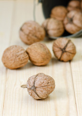 Walnuts on a wooden table