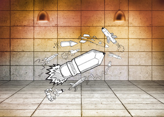 Drawn pencil rocket in 3d room