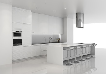 Contemporary minimal all white kitchen with stools