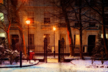 Georgian houses in traditional winter snow scene vintage effect