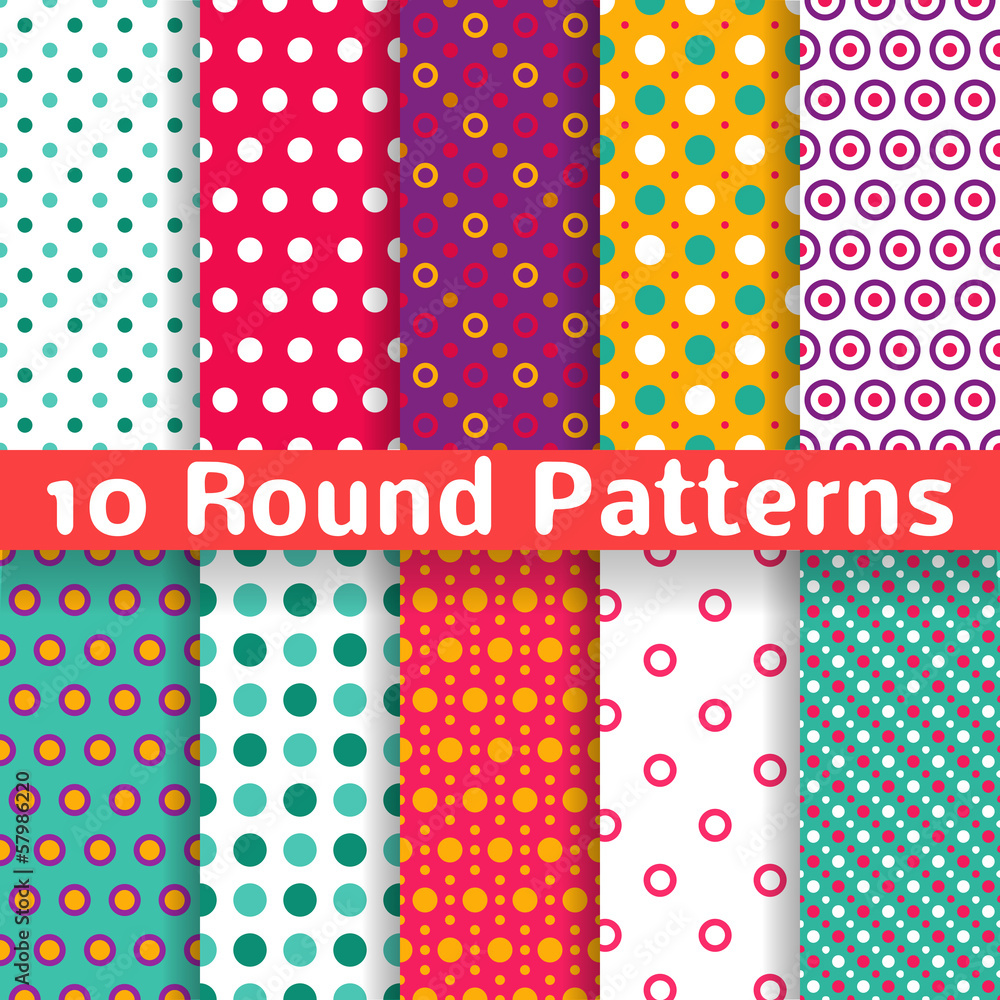 Wall mural different round shape vector seamless patterns (tiling).