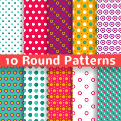 Different round shape vector seamless patterns (tiling).