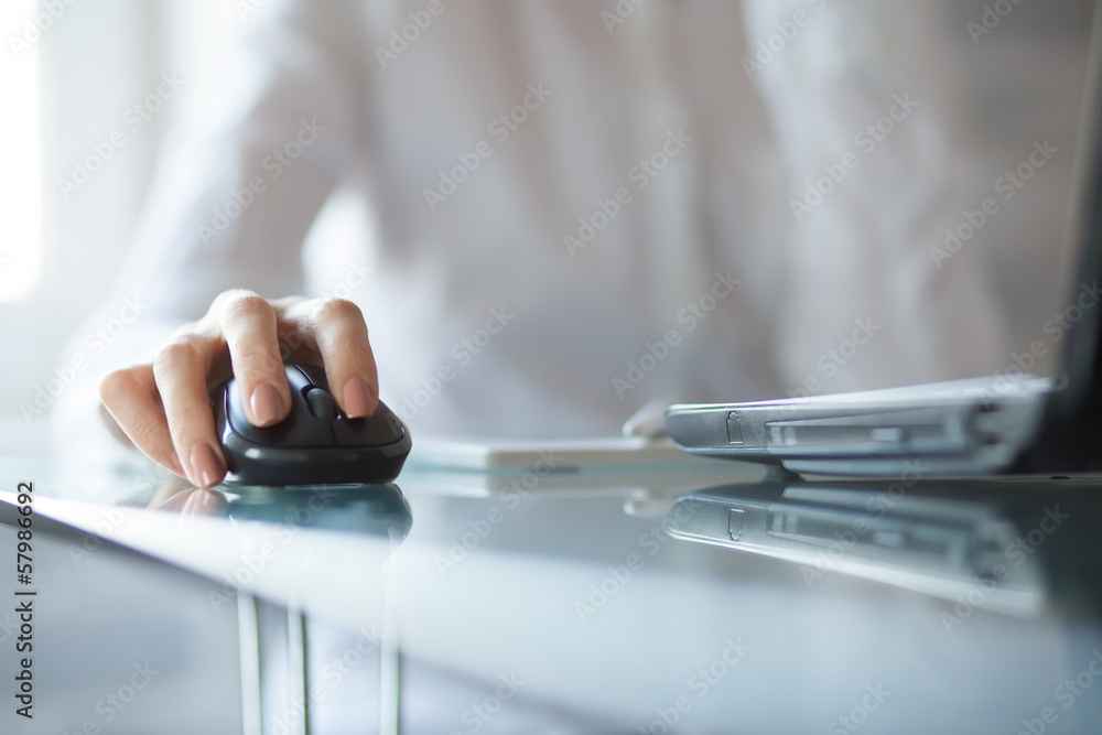 Wall mural businesswoman clicking on cordless mouse