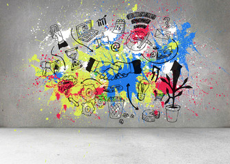 Grey wall with graphics and splashes
