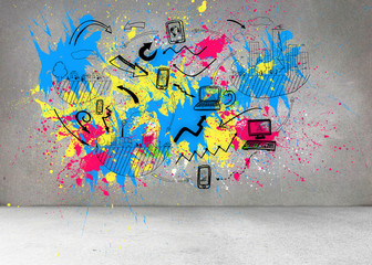 Colorful splashes on grey wall with graphics
