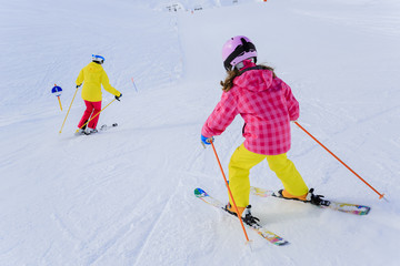 Ski, skiers on ski run - skiers skiing downhill