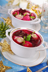 red borscht with ravioli for christmas