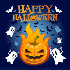 Happy Halloween, Pumpkin, Bats and Ghosts Vector illustration
