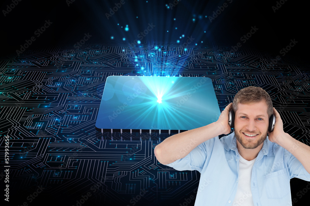 Poster composite image of trendy model listening to music and looking a