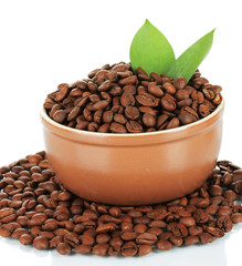 Coffee beans in bowl isolated on white