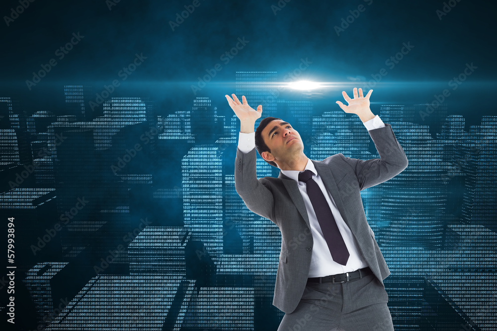 Poster composite image of unsmiling businessman with arms raised