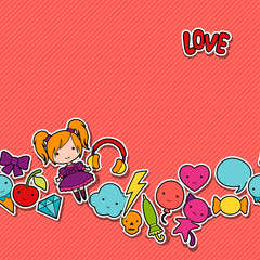 Seamless kawaii child pattern with cute doodles.