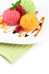 Delicious ice cream on plate close-up