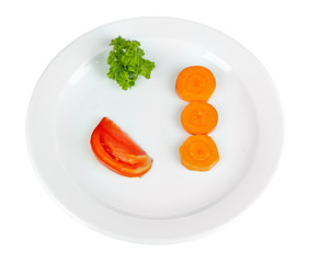 Small portion of food on big plate isolated on white