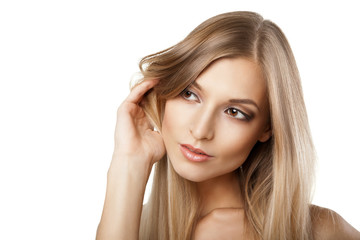 Woman with long straight blond hairs isolated