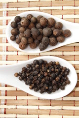 black pepper and allspice on white ceramic spoon