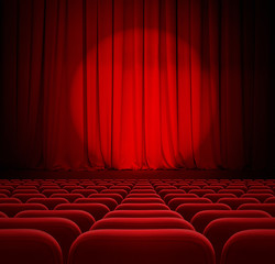 cinema red curtains with spotlight and seats - obrazy, fototapety, plakaty