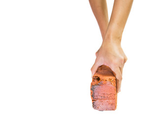 Female hands picking up red bricks over white background