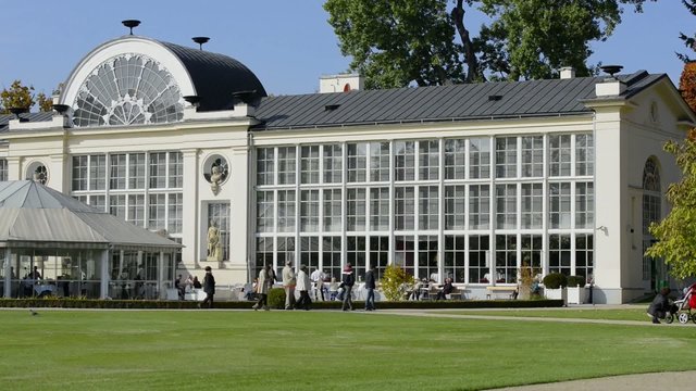 Panoramic view of old orangery in Lazienki park, Warsaw, Poland