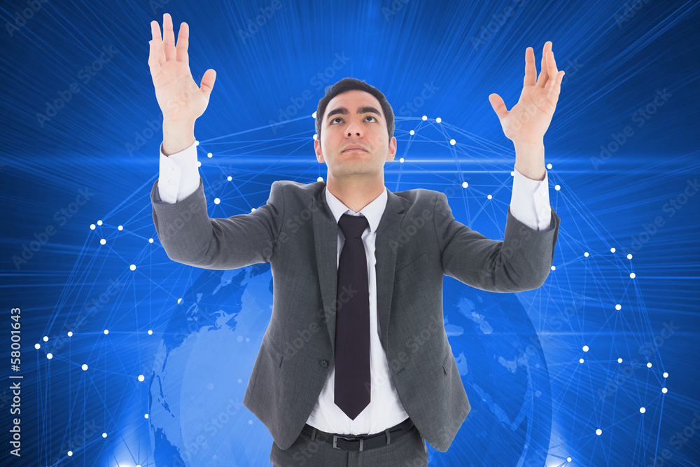 Poster composite image of unsmiling businessman with arms raised