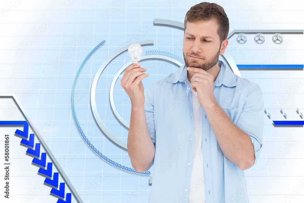 Poster composite image of sceptical model holding a bulb