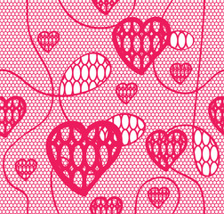 Lace seamless pattern with hearts on pink background