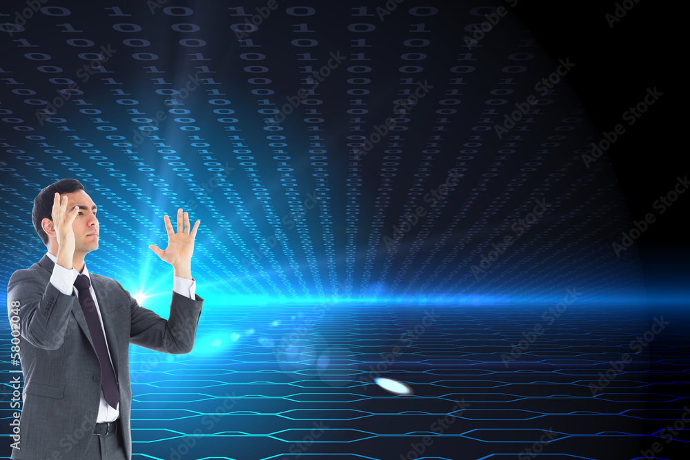 Poster composite image of unsmiling businessman with arms raised